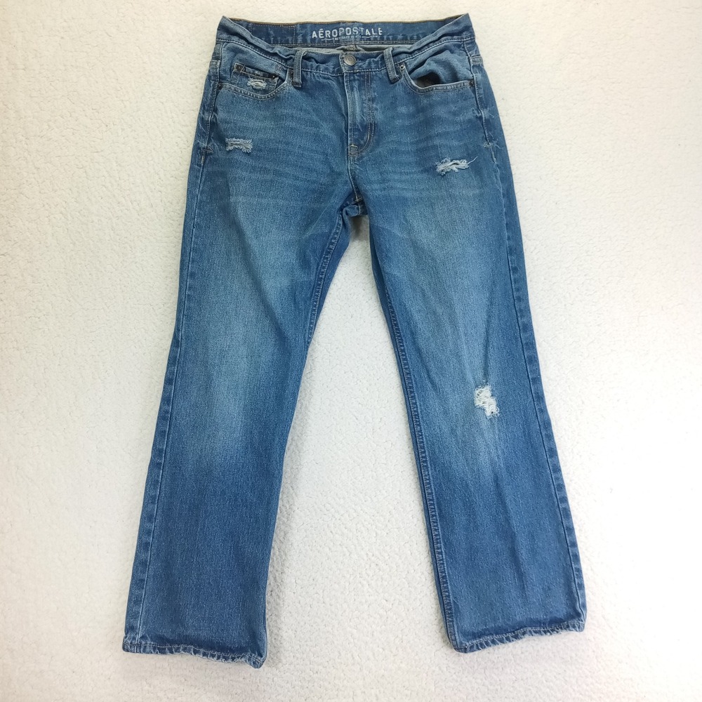 Aeropostale Mens Straight Leg Distressed Blue Denim Jeans 31x30 Medium‎ Wash